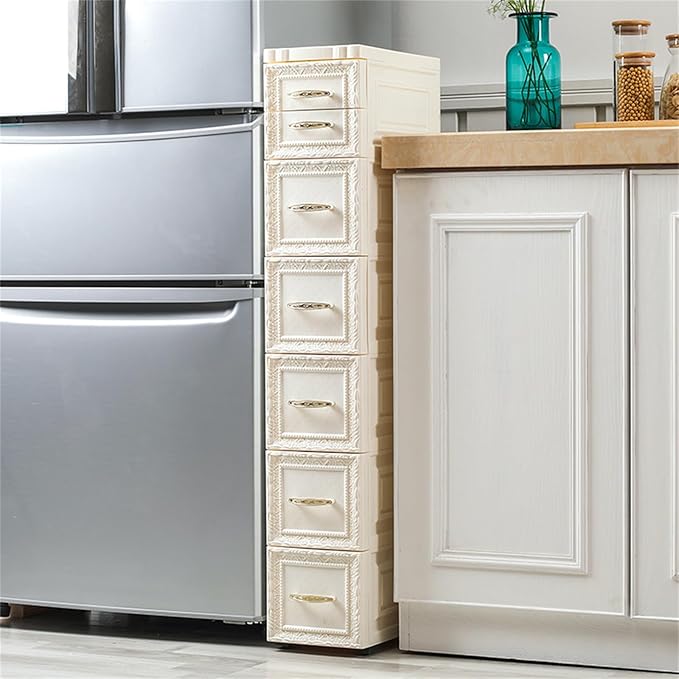 6 Drawers Narrow Plastic Bathroom Storage Cabinet with Wheels Slim Storage Organizer Vertical Storage Tower Container for Small Spaces, Bedroom, Bathroom, Laundry, Closet, White
