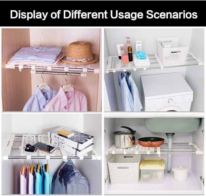 BAOYOUNI Expandable Closet Shelf Rod Clothes Storage Rack Organizer Separator Space Saving with 5 Mesh Spacers and 1 Hanging Rod, 17.72-27.56 in