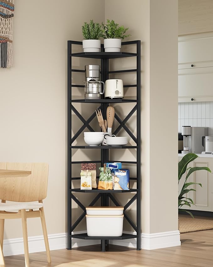 69.3" Corner Shelf 5-Tier, Large Corner Shelving Unit, Freestanding Storage Stand for Bedroom, Living Room, Kitchen, Industrial Engineered Wood Bookshelf Organizer, Black TCJ15BB