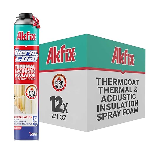 Akfix Thermcoat Fire Rated Spray Foam Insulation 240 sq ft (12x27.1 oz) - (R-Value 11.32/2 inch) Closed Cell Expanding Wide Sealant Thermal Insulation for Walls and Attic - Gun&Cleaner NOT Included
