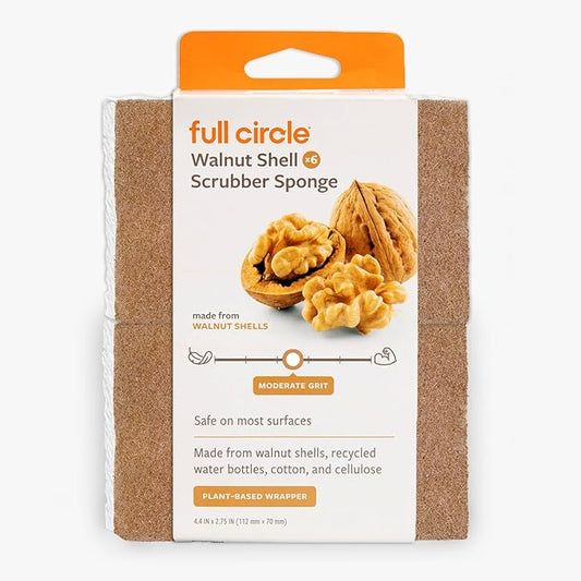 Full Circle Walnut and Cellulose Scrubber Sponges – Pack of 6 – Powerful, Non-Scratch Kitchen Sponges Made with Plant-Based Sustainable Materials, Safe for Nonstick Cookware