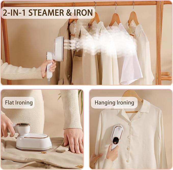 Portable Clothing Steamer, 1000W Clothing Wrinkle Remover, 3+1 Steam Adjustment Multifunctional Hanging Iron with LED Digital Display Screen, 130ml, with Water Shortage Warning, Safe Use (Green)