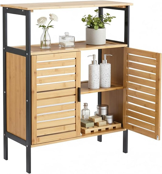 25" Bamboo Bathroom Storage Cabinet with Double Slatted Doors, Freestanding Floor Cabinet Organizer with Open Shelf, Modern Storage for Bathroom Kitchen Living Room