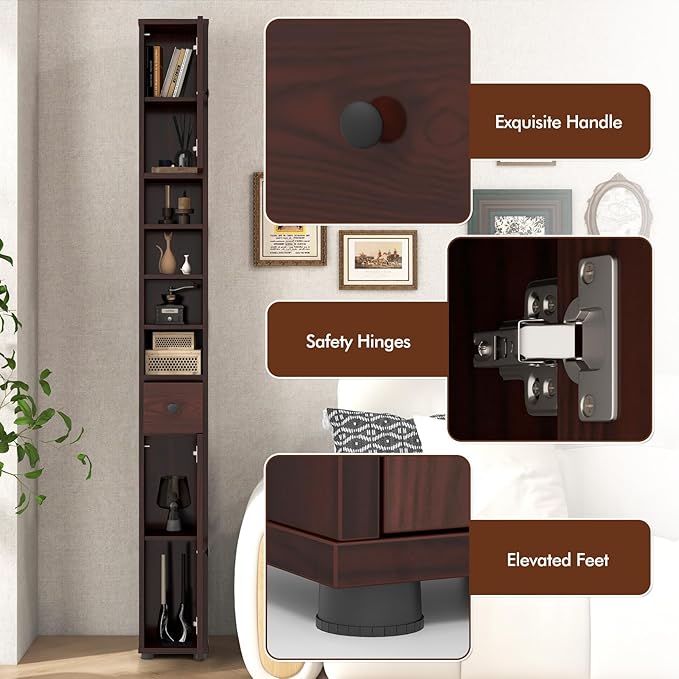 Giantex Slim Bathroom Storage Cabinet - Tall Narrow Floor Cabinet Cupboard with 2 Doors, 5 Adjustable Shelves, Drawer, Anti-Tipping Device, Thin Linen Tower Cabinet for Living Room, Reddish Brown