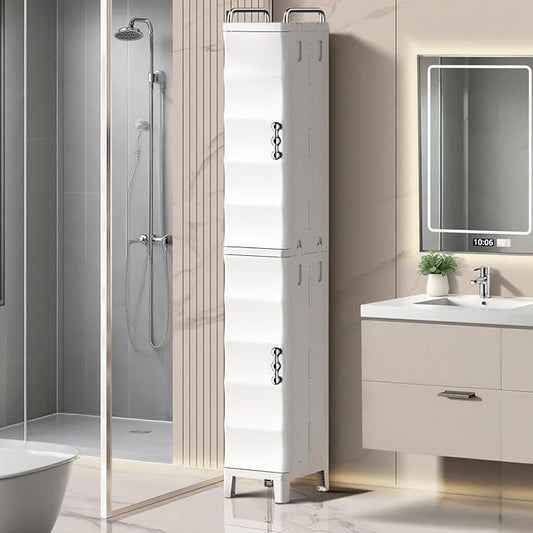 52.76" Tall Narrow Bathroom Storage Cabinet with Doors and Adjustable Shelves Plastic Slim Bathroom Storage Organizers Small Space Saver for Laundry Room Dorm Kitchen Quick Assembly, White