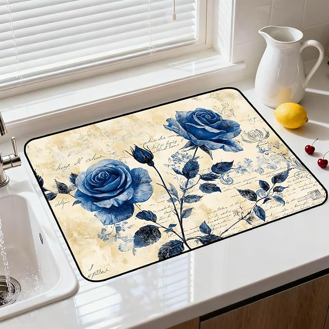 Glass Stove Top Covers for Electric Stove, Heat Resistant Counter Protector Mat, Non Slip Waterproof Surface Cover for Kitchen Counter and Cooktop (Blue Roses, 28"L x 20"W)