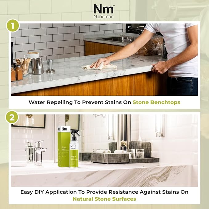 Nanoman Stone and Brick Sealer 8.4 fl oz; Marble Granite Quartz Stone Brick Concrete Grout Sealer and Protectant; Cleaner Sealant Protector & Care Spray for Kitchen and Bathroom Benches and Surfaces