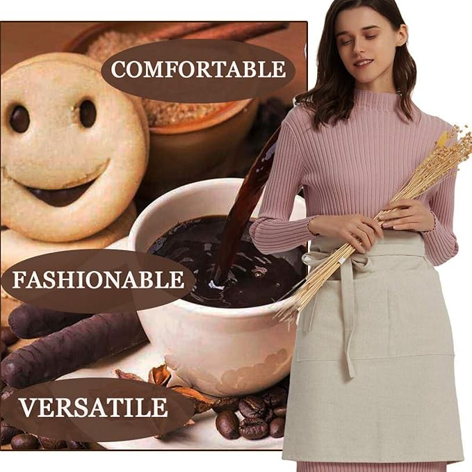 Cityelf Linen Server Apron Cotton Bistro Half Apron with Large Pockets Waist Kitchen Apron for Cooking Waitress