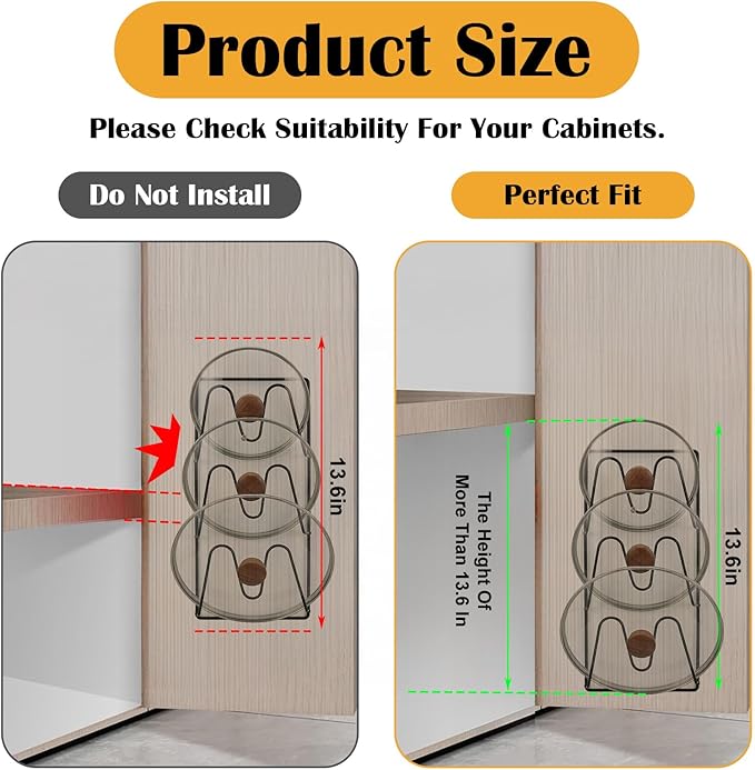 4 Pcs Pot Lid Organizer Rack, 12-Tier Adhesive Mount No Drilling Lid Holder for Cabinet Door and Wall, Rustproof Black Kitchen Storage Solution for Pots and Pans