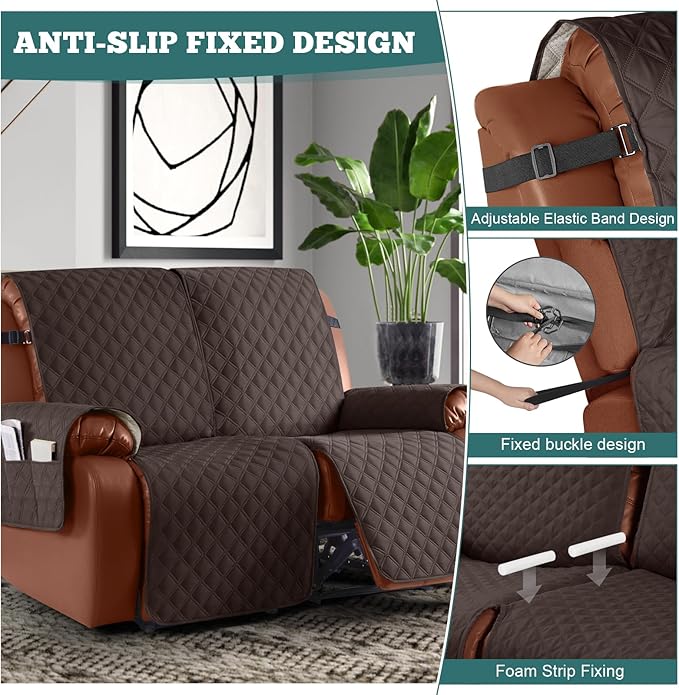 Ruaozz Waterproof Recliner Sofa Covers, 1-Piece Couch Covers for Reclining Couches Reclining Couch Cover Washable Furniture Protector with Elastic Straps Pocket for Kids Pets (Chocolate, XL 2 Seater)