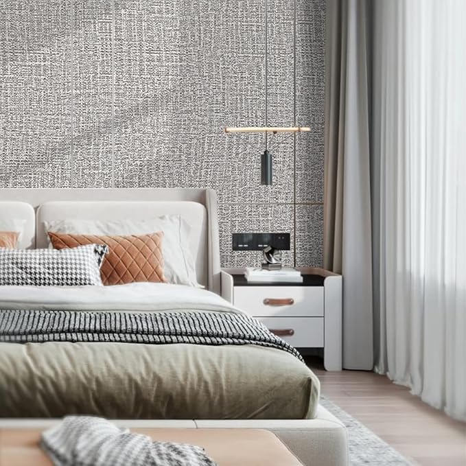 Peel and Stick Wallpaper Grey Grass Cloth Wall Paper - 15.7 x 200 Inch Self Adhesive Wallpaper Peel and Stick, Easy to Paste Wall Contact Paper for Stand Liner, Table and Door Makeover Decor