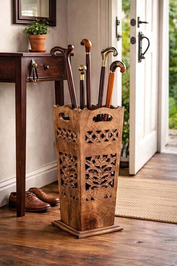 Hand-Carved Wooden Umbrella Stand & Walking Cane Holder | 21 Inch Tall Decorative Umbrella Rack for Entryway, Home & Office | Rustic Floor Storage Organizer