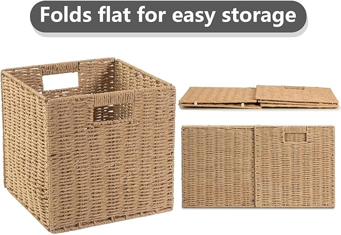 10.5x10.5inch Storage Baskets Set of 3,Brown Paper Rope Woven Baskets,Foldable Handwoven Storage Cubes,Wicker Cube Baskets Laundry Organizer Totes for Bathroom, Bedroom, Laundry, Pantry, Shelves