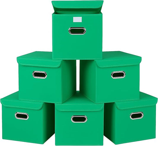 Closet Organizers Fabric Storage Bins With Lids Collapsible Cube Storage Organizer Basket With Handles,Storage Boxes for Clothes Storage,Office,Laundry,Shelves,6 Pack,（Green）