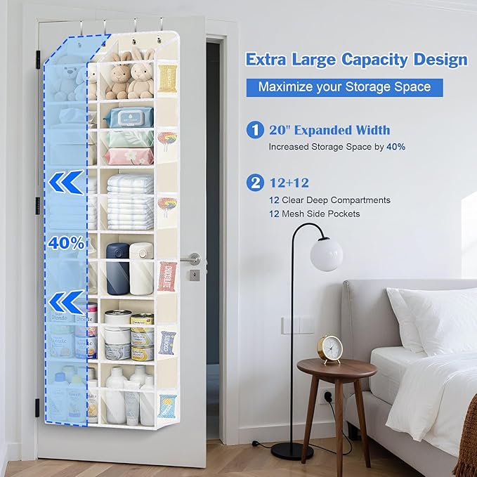 Univivi Over the Door Organizer, 6 Tiers Behind Door Storage with Clear Deep Pockets Hanging Organizer for Closet, Bedroom, Nursery, Bathroom and Sundries (Beige)