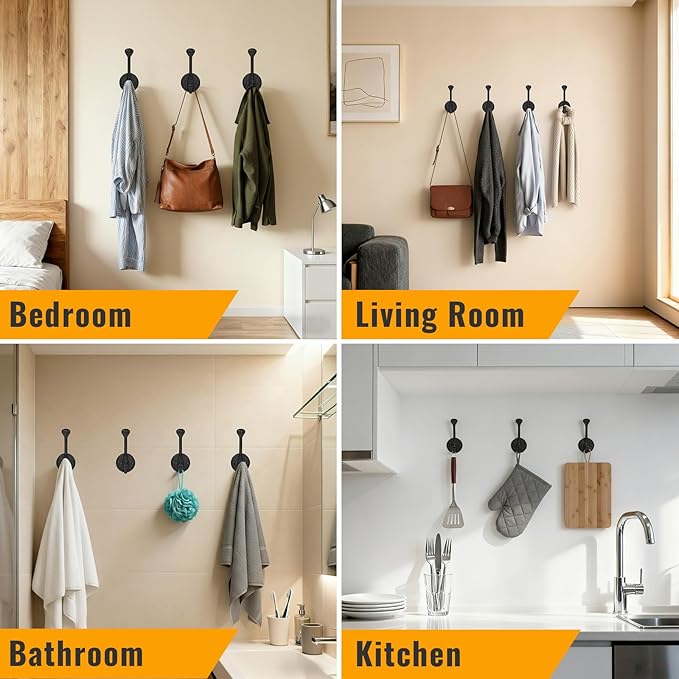 4 Pack Wall Hooks for Hanging, Heavy Duty Coat Hook Wall Mount, Easy to Install Metal Closet Hooks, Apply to Bathrooms, Bedrooms, Living Rooms, Entrances（Black）