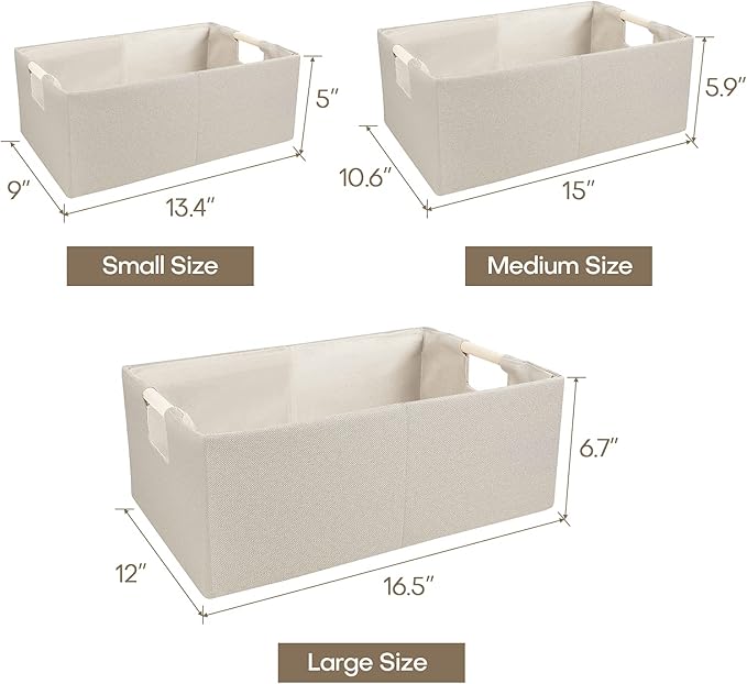 ANMINY 4PCS Storage Baskets for Organizing Collapsible Fabric Storage Bins Boxes with Wood Handles Closet Shelves Cube Organizer Bins Clothes Laundry Storage Container - Medium, Beige