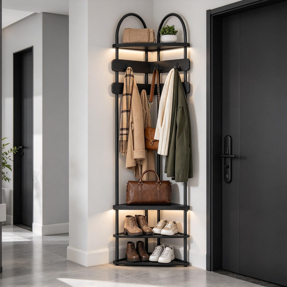 Corner Hall Tree for Entryway, Coat Rack with Shoe Storage - Image 1
