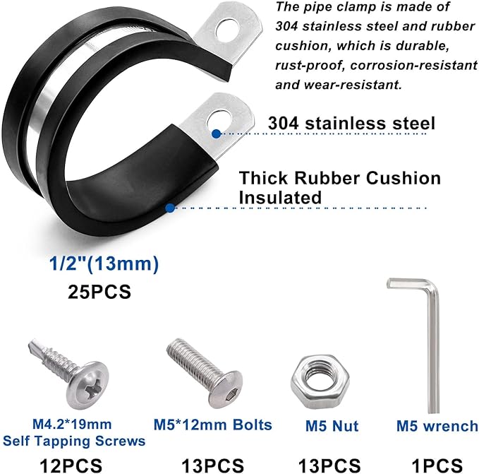 Taiss 50PCS 1/2 Inch Cable Clamps 304 Stainless Steel Rubber Cushion Insulated Wire Clamp,Pipe Clamps Loop Clamps,Metal Clamp With two kinds of screws (13mm)