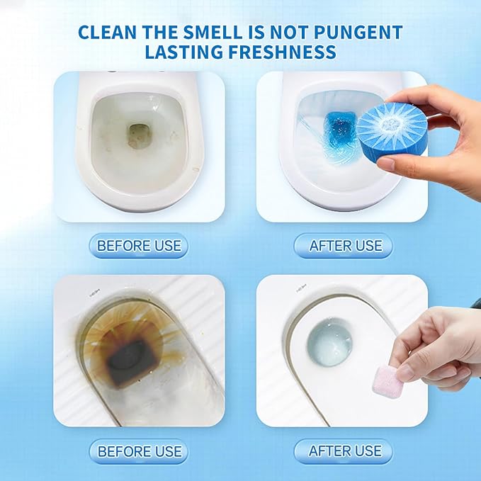 24 PACK Toilet Cleaning Tablets Set - 8 Effervescent Toilet Bowl Cleaners Tablets + 16 Blue Toilet Tank Tablets, Double-Action Formula for Stain, Water Deposit Removal