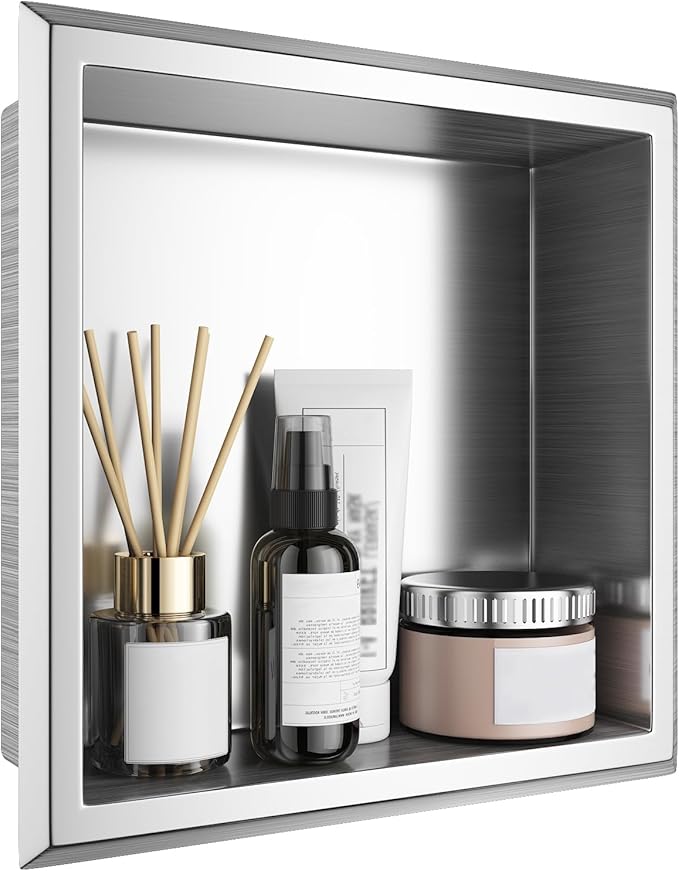 Shower Niche, 12" x 12" Bathroom Niche, Stainless Steel No Tile Needed Brushed Nickel Recessed Shower Shelf, Waterproof Wall Niches for Storage