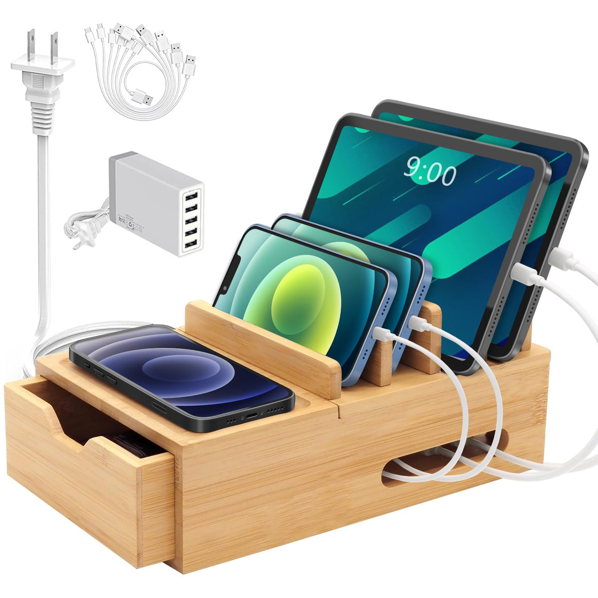 Bamboo Charging Station for Multiple Devices, Desktop Charger - Image 1