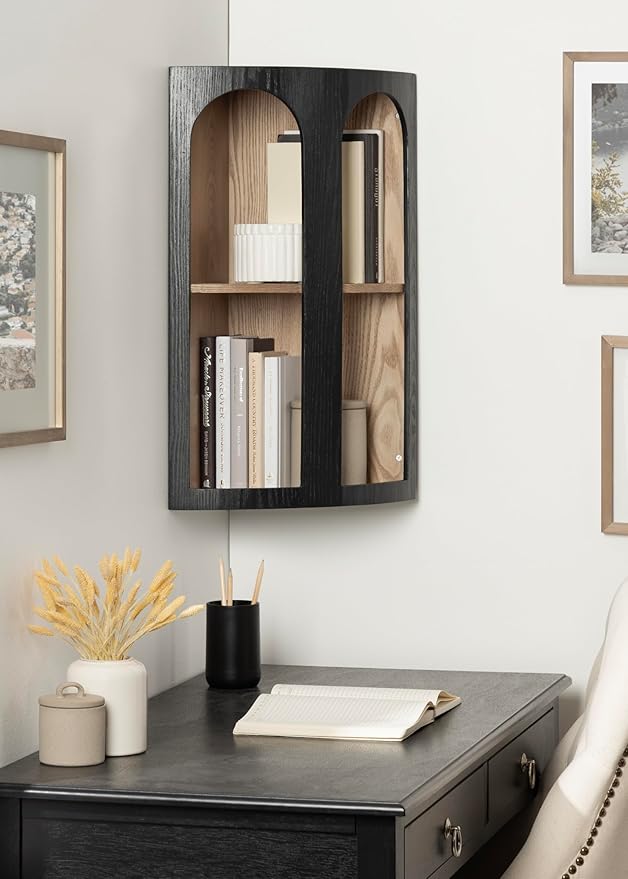 Kate and Laurel Elloree Modern Corner Shelf Cabinet for Storage and Display, 16 x 11 x 24, Black and Natural, Transitional Corner Storage for Use as Living Room Shelving or Bedroom Storage Design