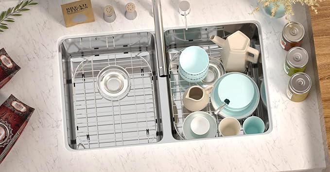 SANNO Sink Protectors for Kitchen, Stainless Steel Bottom Grid with Rear Drain Hole, Double Sink 16.14" L X 13" W, 2 Pack