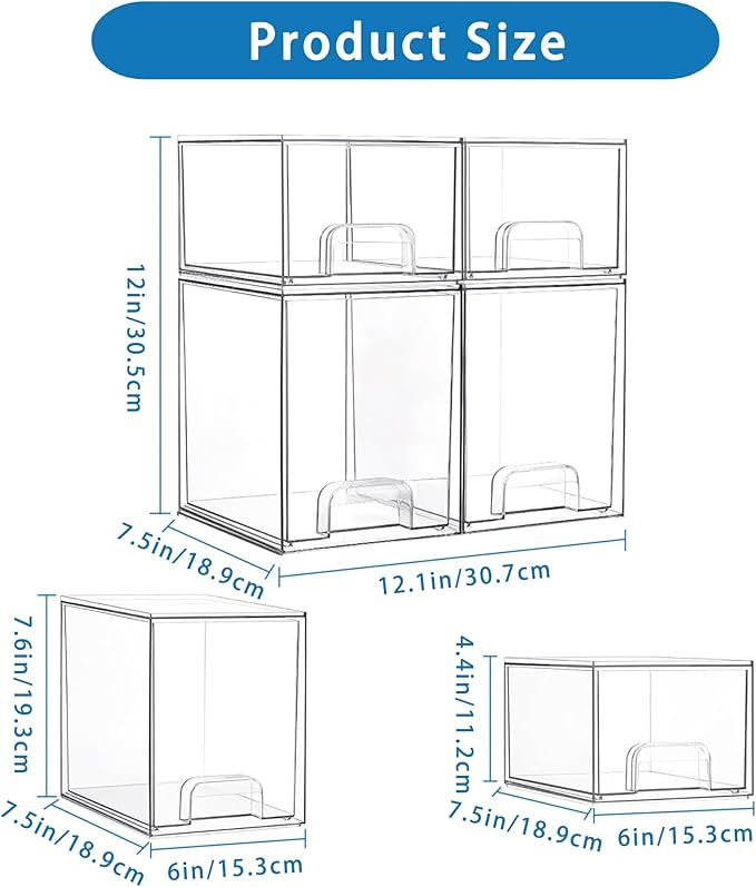 Baby Bottle Storage Organizer - Acrylic Storage Containers, Clear Stackable Drawer Baby Bottle Station Organizer for Countertop Cabinet, BPA-Free, Lead-Free (2 Small+2 High, Clear)