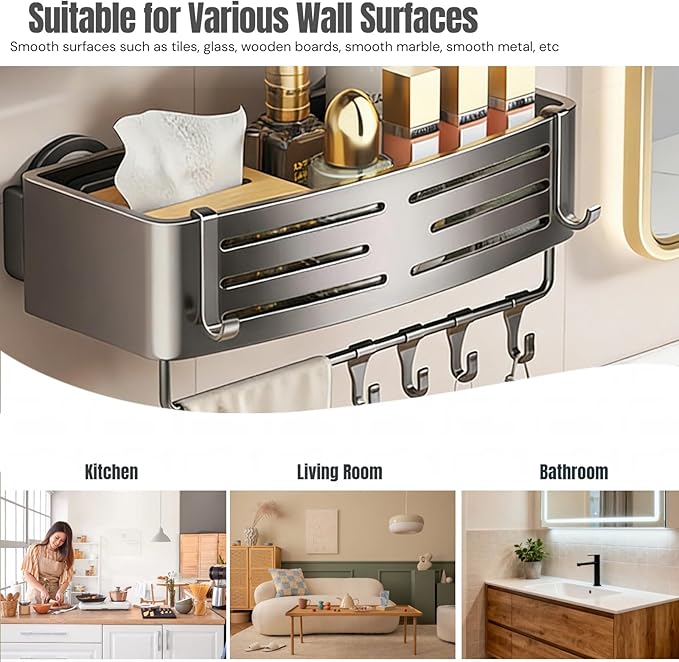 2Pcs Corner Shower Shelf Caddy Suction Cup, No Drill Hole with Towel Bar and Hook, Gray Bathroom Storage Rack, Zero Drill Square Shelves, Store Toiletries and Bath Towel for Bathroom Kitchen RV