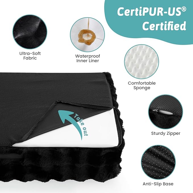 Faux Fur Orthopedic Dog Bed, Large Dog Bed, Supportive Foam Pet Sofa with Waterproof Lining Cover, Washable U-Shaped Pet Couch with Anti-Slip Bottom Design, Black XL 42x30x7 inch