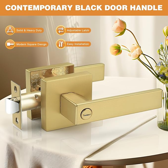 Probrico Gold Privacy Door Handle Lockset Heavy Duty Interior Door Lever for Bedroom Reversible Keyless Handleset Door Knob 1 Pack