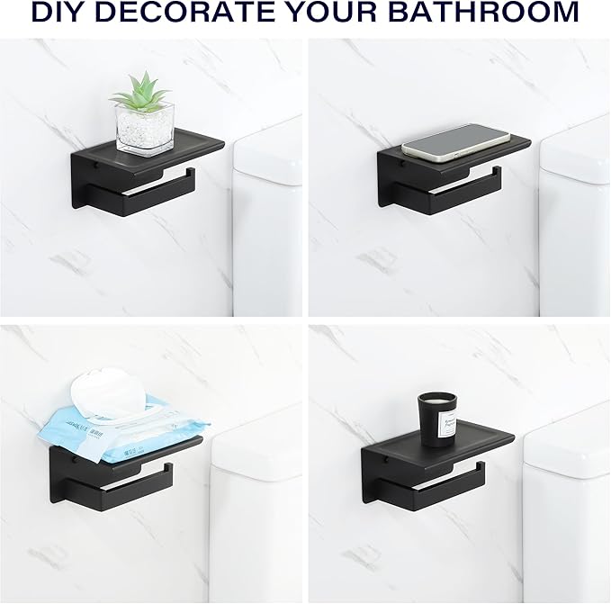 Alise Black Toilet Paper Holder with Shelf SUS304 Stainless Steel Adhesive Toilet Paper Roll Holder Bathroom Tissue Holder Storage Dispenser,Self Adhesive or Wall Mount Drilling