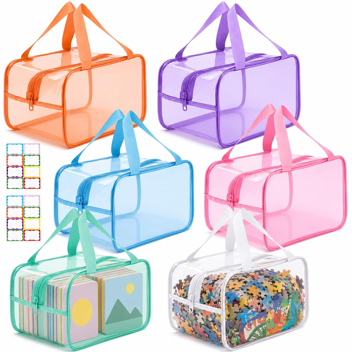 Shinylin 6 Pack Pastel Large Toy Storage Bags with Labels - Image 1