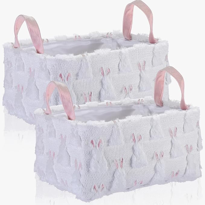3 Pcs Storage Baskets 14x10 Inch Foldable Fabric Storage Bin with Handle Decorative Closet Bins Organizer for Home Office Laundry Countertop Tabletop Car(Bunny)