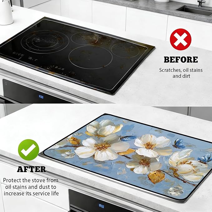 Glass Stove Top Covers for Electric Stove, Heat Resistant Counter Protector Mat, Non Slip Waterproof Surface Cover for Kitchen Counter and Cooktop (Blue Floral Butterflies, 28"L x 20"W)