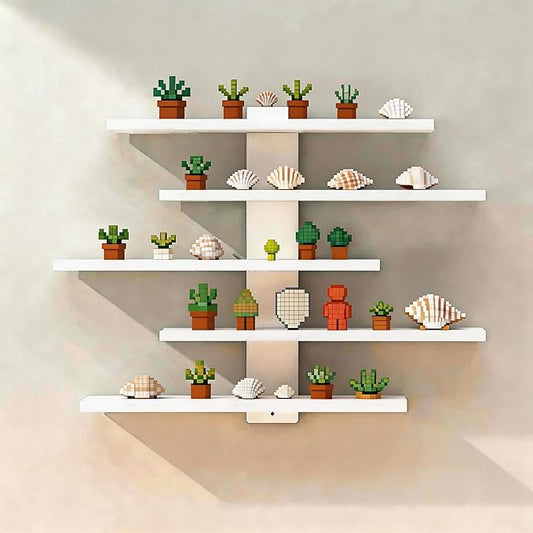 No Drill Floating Shelf for Wall, 5-Tier Wall Mounted Organizer, Damage-Free Display Shelf for Collectibles, Figures, Bathroom Kitchen Storage, White