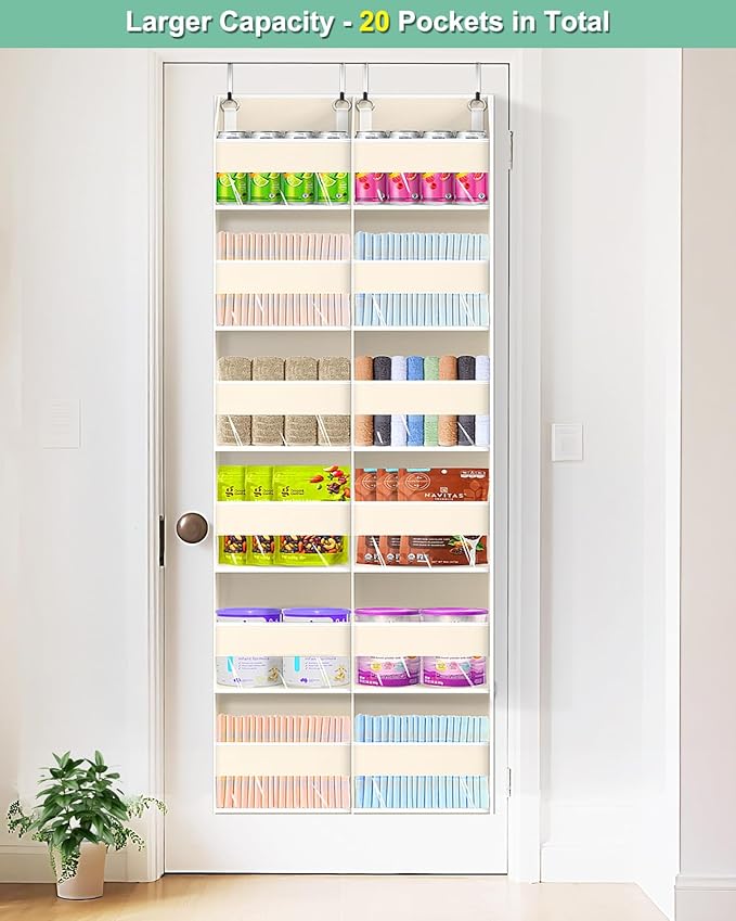 Heavy Duty Over The Door Organizer 6 Tiers, Extra Large Behind Door Storage of 12 Big Front & 12 Mesh Pockets, 80lb Weight Capacity, Hanging Doors Storage for Closet Bedroom Nursery, Beige
