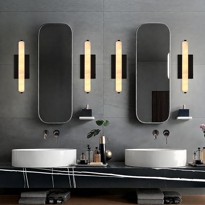 Alabaster Wall Sconces Set of Two, 15" Black Alabaster Sconce, Spanish Natural Marble Bathroom Vanity Sconces, Rectangle Modern Sconces Lighting for Bedroom Living Room Staircases Hallway