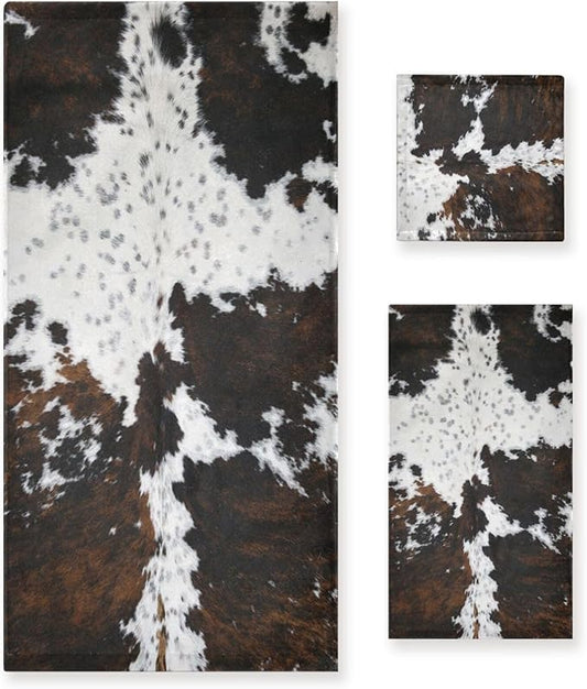3 Piece Cow Fur Bath Towel Set,Microfiber Decorative White Black Brown Cow Print Country Farmhouse Cowhide Bathroom Towels,1 Bath Towel 1 Hand Towel for Bathroom Kitchen,1 Washcloth for Face