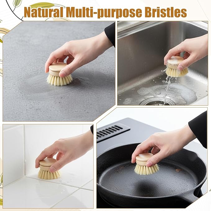 10 Pcs Bamboo Dish Brush Replacement Heads, Bamboo Dish Scrubber Soft Sisal Bristle Scrubber for Kitchen Room Cleaning Supplies
