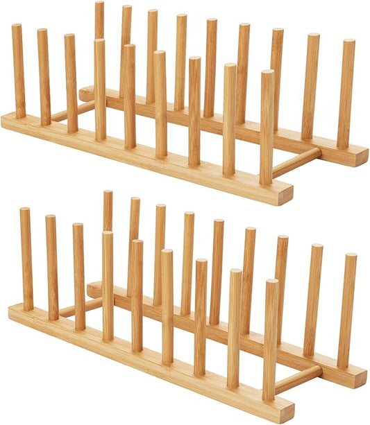 HBlife 2pcs Bamboo Dish Plate Bowl Cup Book Pot Lid Cutting Board Drying Rack Stand Drainer Storage Holder Organizer Kitchen Cabinet（Keep Dry）