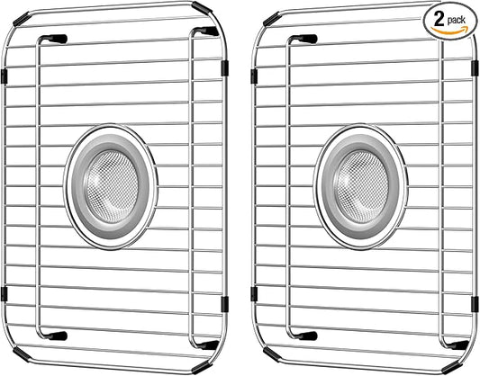 2 Pack Sink Grids,Sink Protectors for Kitchen Sink,Stainless Steel Sink Racks for Bottom of Sink,Metal Sink Grate with Strainers,Center Drain for Double Bowl with Corner Radius,11.5" x 13.8"