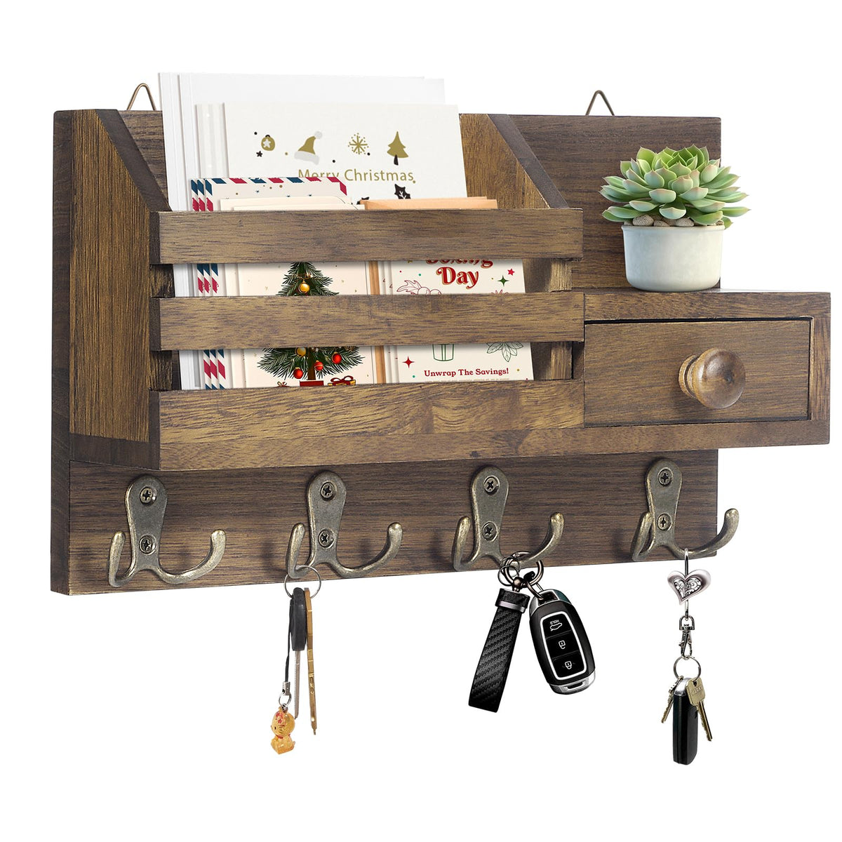 Key Holder Wall Mount, Wooden Key and Mail Organizer, Brown - Image 1