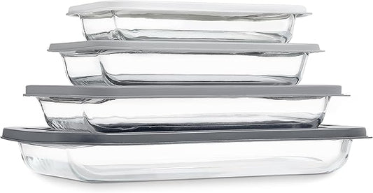 COOK WITH COLOR 8-Piece Deep Glass Baking Dish Set with Plastic Lids – Casserole and Food Storage Containers for Lasagna, Leftovers – Freezer-to-Oven, Microwave & Dishwasher Safe, Grey