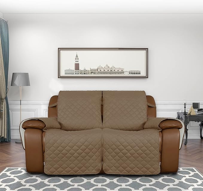 Easy-Going Oversized Loveseat Recliner Cover, Reversible Couch Cover for Double Recliner, Split Sofa Cover for Each Seat with Elastic Straps for Kids, Dogs, Pets(Oversized 2 Seater, Camel/Ivory)