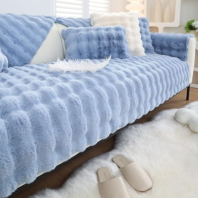 Soft Warm Faux Fur Couch Sofa Cover Thick Shaggy Fuzzy Sectional Couch Cover Non-Slip Solid Color Plush Sofa Slipcover Furniture Protector for Kids, Pets (Light Blue,36"x82")