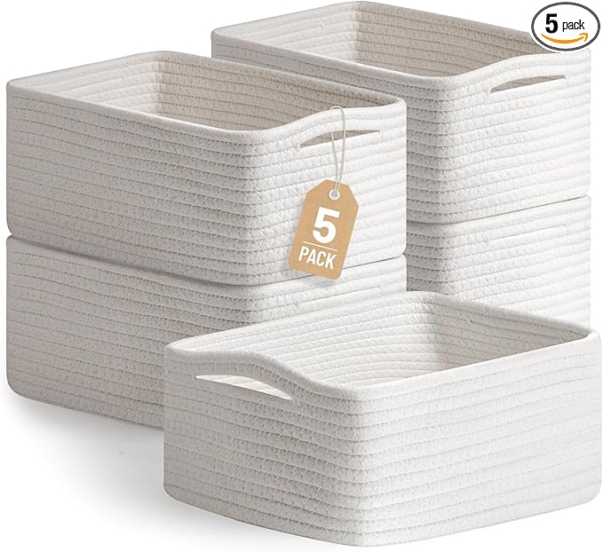 5 Pack White Small Woven Storage Baskets for Shelves, Cotton Rope Baskets Organizer for Bathroom, Closet & Nursery, Decorative Storage Bins for Organizing Socks, Toys, 11.8"x7.9"x4.7"