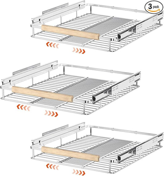 SANNO Pull Out Cabinet Organizer, Cabinet Shelf Kitchen Under Sink Shelf, Expandable Drawer Shelves with Sliding, Steel Metal Cabinet Drawers Slide Out, Chrome Finish
