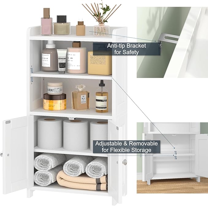 Small Bathroom Storage Cabinet, 30" Tall Freestanding Corner Floor Cabinet with Opposite Doors & 5 Shelves (2 Adjustable), Narrow Toilet Paper Holder Organizer for Small Spaces, White